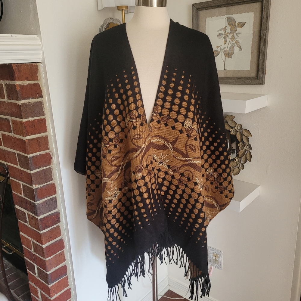 Black and Brown Patterned Shawl Wrap Poncho Made In France